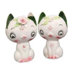 Vtg Big Eyes Ceramic Cats Salt Pepper Cottage MCM Kitsch Hand Painted Japan